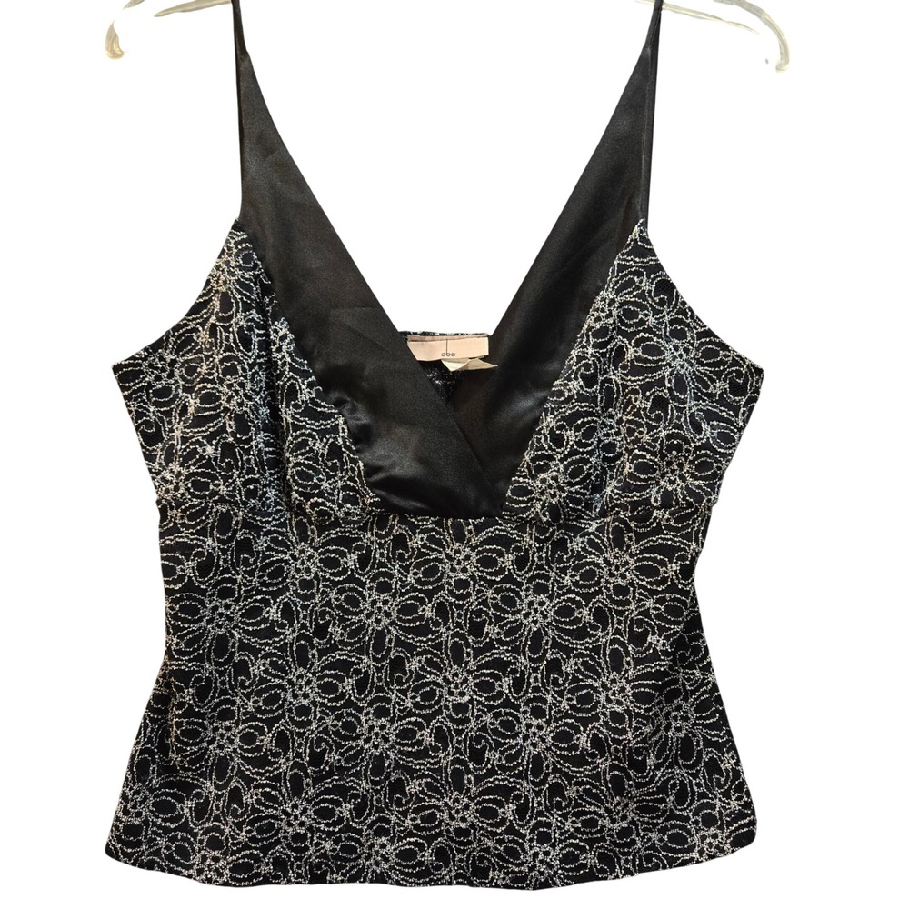 Obe Womens Black Silver Metallic Lace Satin V-Neck Camisole Cami Top Size L USA